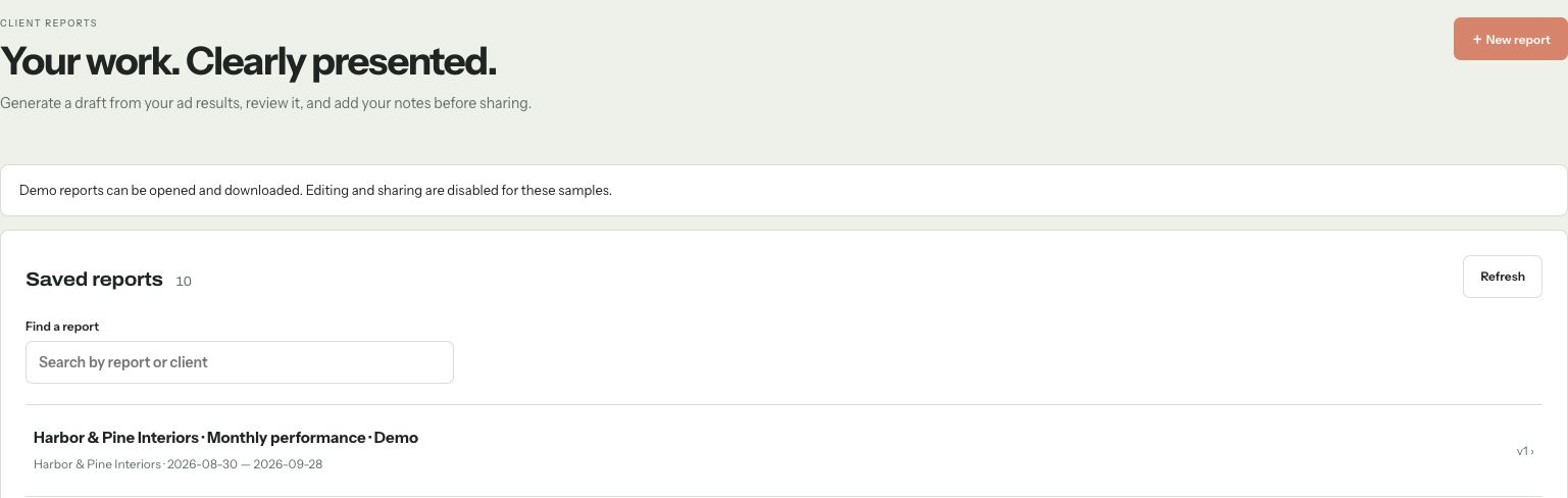 AgencyOS Reports workspace showing the saved report library and report controls using sample data.